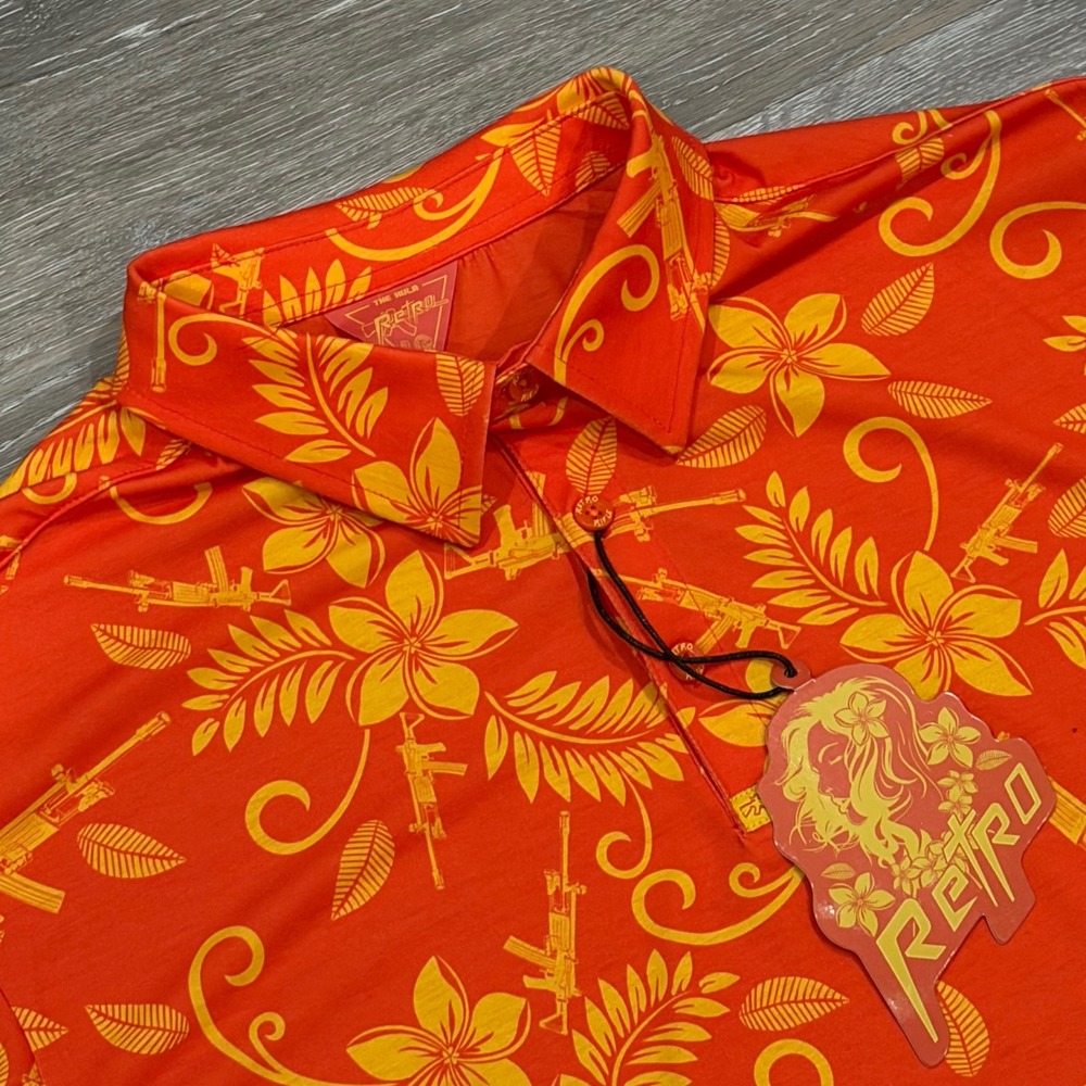 Retro‎ Rifle The Hula Mens Orange Floral Gun Print Performance Polo Shirt Large